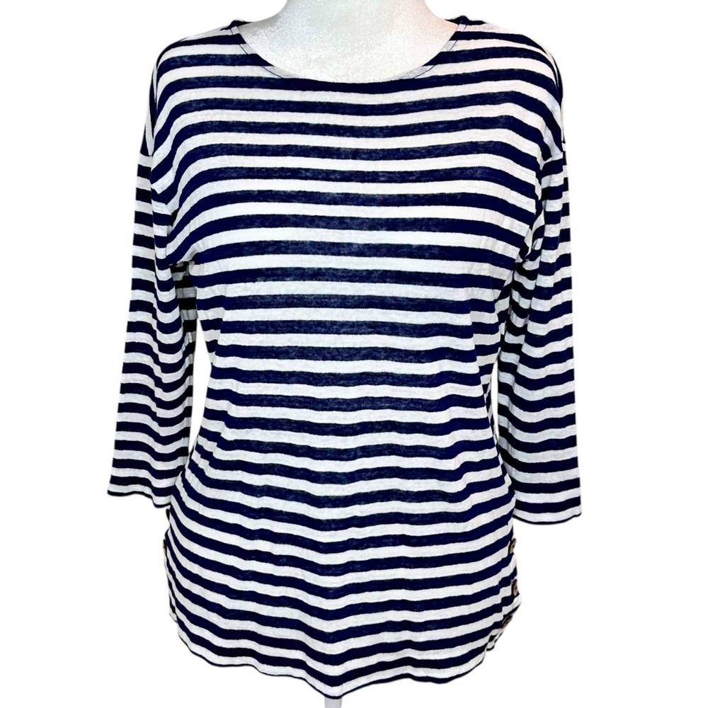 Cynthia Rowley Blue and White 3/4 Sleeve 100% Linen T-Shirt